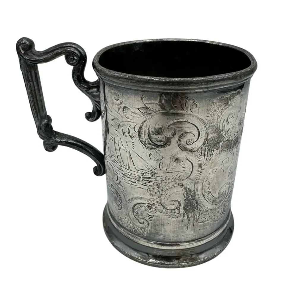 1850's Pewter Handled Engraved Baby Cup